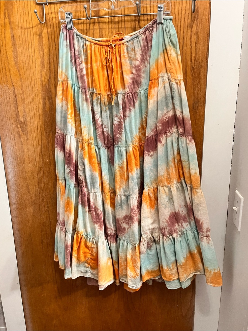 H&M Tie-Dye Tiered Maxi Skirt in Orange, Teal & Mauve